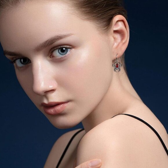 Women Sliver & Red Spider Sterling Gothic Halloween Dangle Earrings Jewelry - Picture 2 of 6